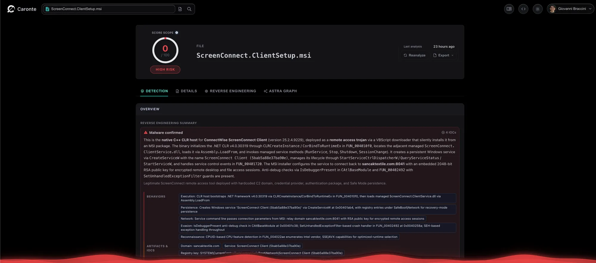 Caronte's independent analysis of the child payload, ScreenConnect.ClientSetup.msi, with the summary naming the C2 relay sancaktextile.com:8041, the embedded 2048-bit RSA key, Safe Mode service persistence, and anti-debug checks