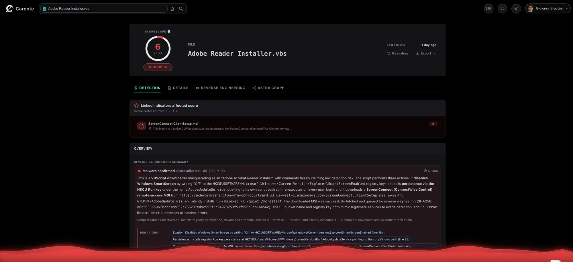 Caronte's analysis of Adobe Reader Installer.vbs, flagged HIGH RISK, with the reverse-engineering summary describing SmartScreen tampering, Run-key persistence, and the silent MSI install