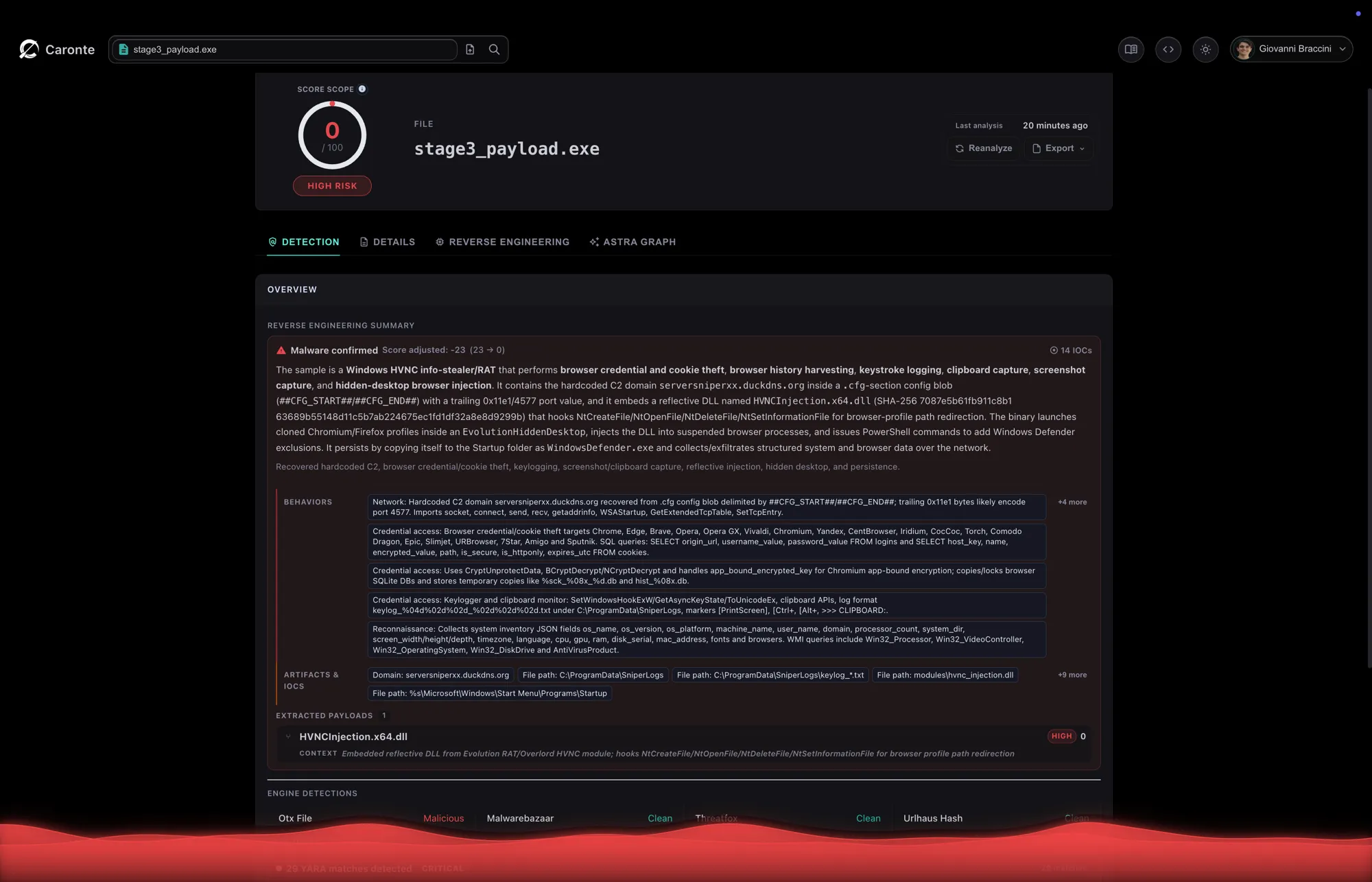 Caronte's analysis of the x86-64 payload: hardcoded C2 recovered from the .cfg config blob, browser credential and cookie theft, keylogging, and the embedded reflective DLL listed as an extracted payload