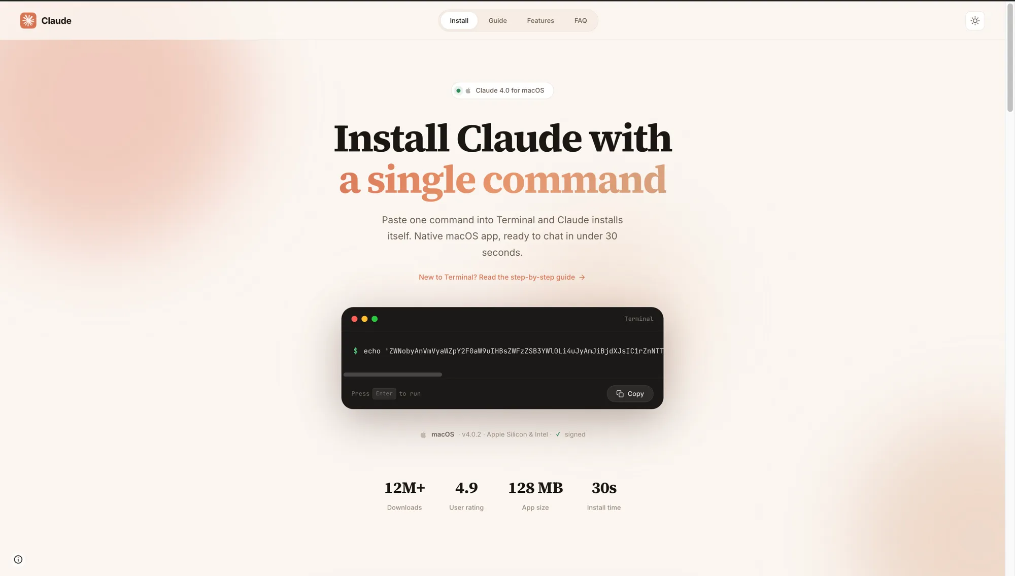 Fake Claude Code install page: identical branding, fake 12M+ downloads stat, malicious command pre-loaded in terminal widget