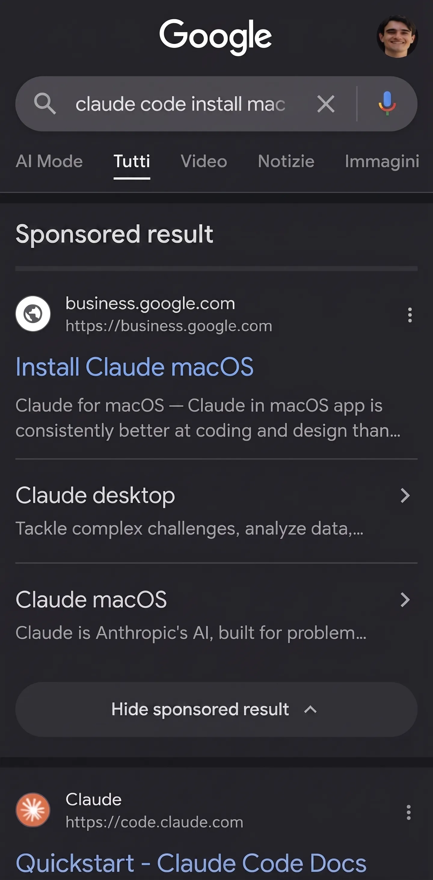 Sponsored Google result impersonating Claude Code: search query in Italian reads "curl -fsSL https://claude.ai/install.sh | bash doesn't work on mac"