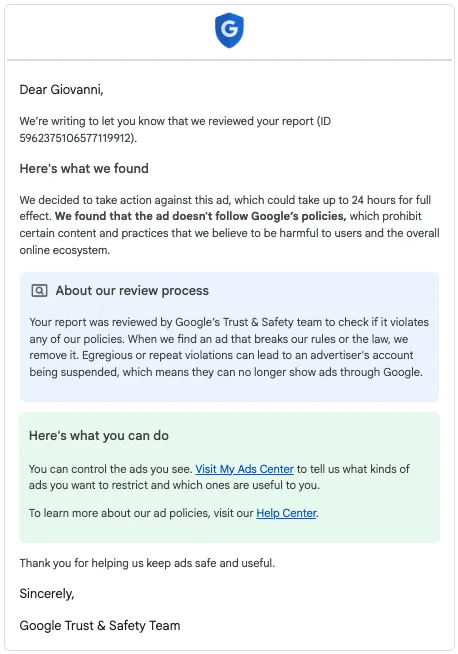 Google Trust & Safety confirmation: ad removed within 24 hours of report