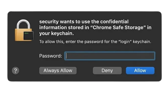 Real macOS keychain dialog: security wants to use the confidential information stored in Chrome Safe Storage