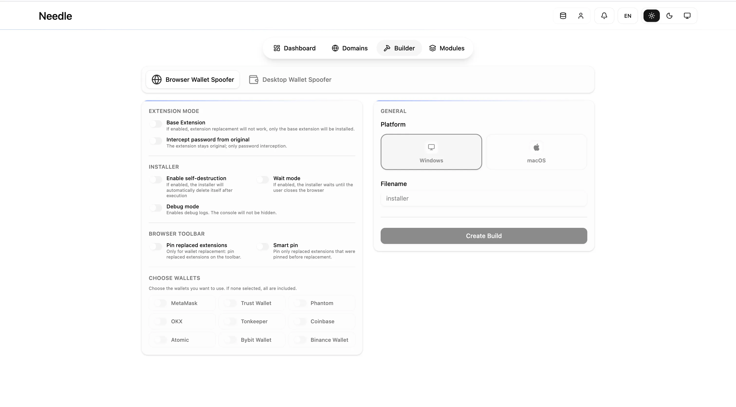 Needle Builder, Browser Wallet Spoofer configuration and wallet selection