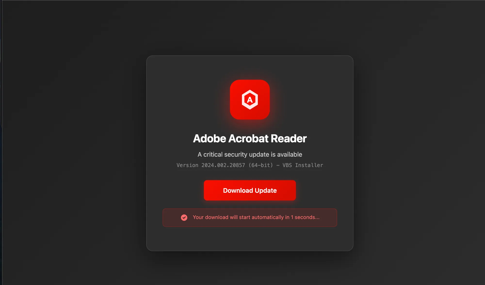 The fake Adobe Acrobat Reader "critical security update" page hosted on S3, which begins downloading the VBScript automatically after one second