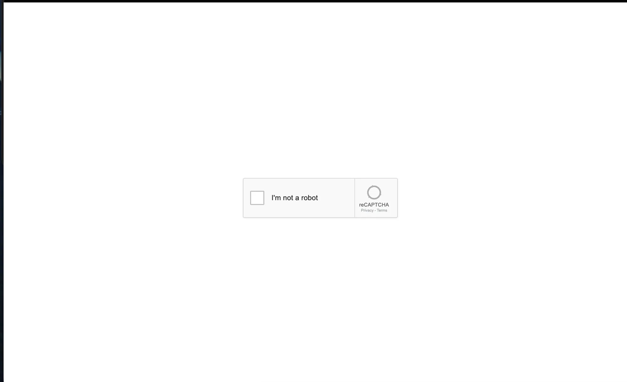 The first stage: an "I'm not a robot" checkbox on an otherwise blank page, gating access to the rest of the chain